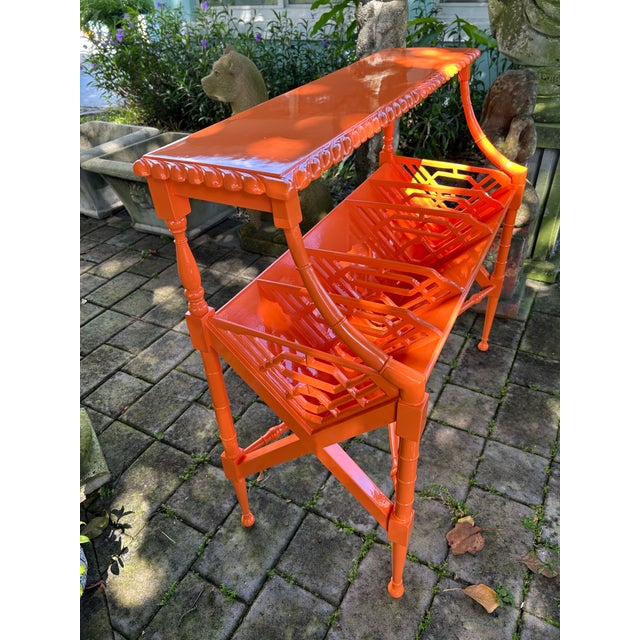 Chinese 1970s High-Gloss Electric Orange Lacquered Mahogany Chinese Chippendale Magazine Stand. For Sale - Image 3 of 11