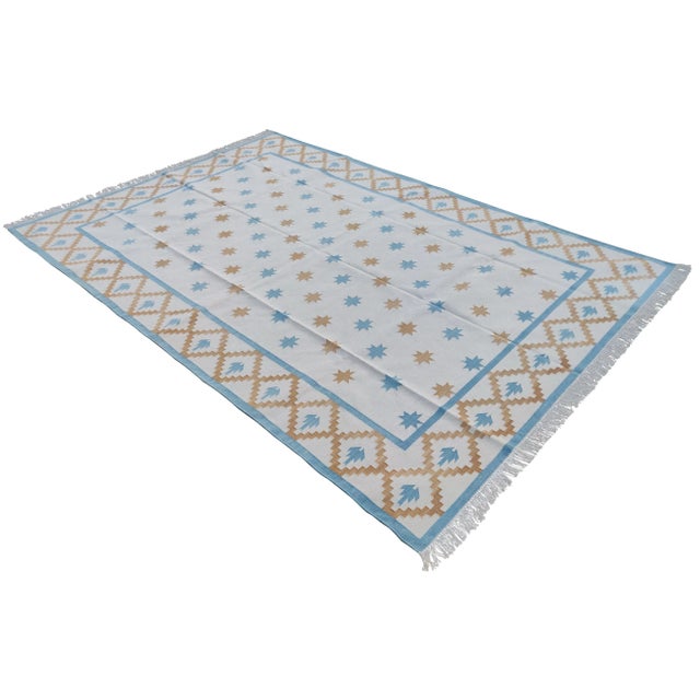 Mid-Century Modern Handmade Cotton Vegetable Dyed White, Sky Blue and Tan Star and Gingham Rug - 12'x15' For Sale - Image 3 of 10