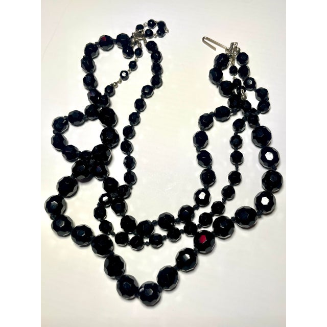 1930s Made in Austria Black Faceted Glass (French Jet) Three Strand Necklace For Sale - Image 4 of 7