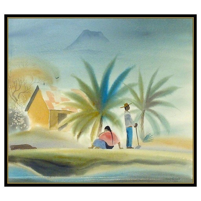"Waiting for the Bus, Guatemala", is a wonderful depiction of a man and woman along the roadside, back by a majestic...