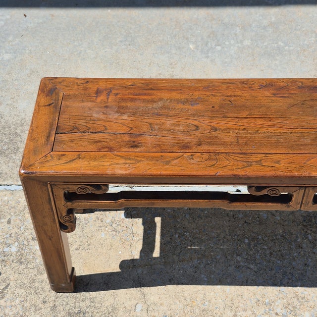 Asian Antique Vintage Asian Carved Elm Wood 46” Long Bench Accent Table Window Seat Plant Stand For Sale - Image 3 of 10