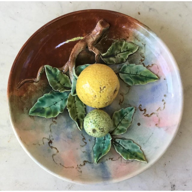 Rare Majolica grapefruit plate, circa 1880. Unsigned. Made by Fives Lille.