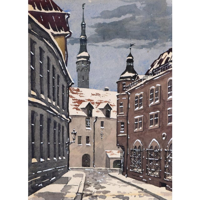 Realism Vintage European Winter Architectural Cityscape Watercolor Painting C. 1930s For Sale - Image 3 of 5