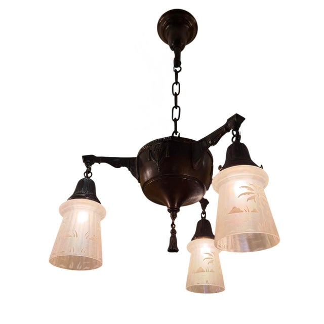 Circa 1910’s Art Nouveau Chandelier With Etched Palm Motif Shades For Sale In Los Angeles - Image 6 of 9