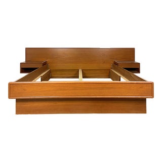 Mid 20th Century Danish Design Mid-Century Modern Teak Queen Bed With Attached Storage Nightstands For Sale