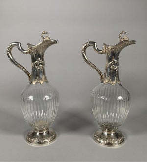 19th Century Rococo Crystal and Silver Ewers - a Pair