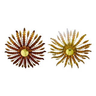 Large Spanish Sunburst Flush Mounts in Gilt Metal with Support Pair, 1950, Set of 2 For Sale