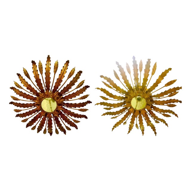 Large Spanish Sunburst Flush Mounts in Gilt Metal with Support Pair, 1950, Set of 2 For Sale