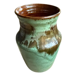 Vintage Studio Art Drip Glaze Green Pottery Vase. For Sale