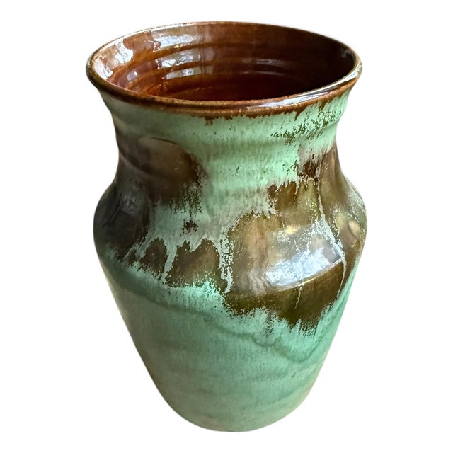 Vintage Studio Art Drip Glaze Green Pottery Vase. For Sale