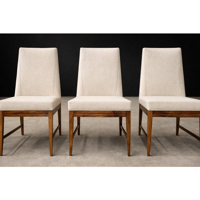 Cimo, Brazil, 1950 — Set of 8 Tall-Back Dining Chairs in Caviúna With Warm Bone Performance Linen For Sale - Image 11 of 16