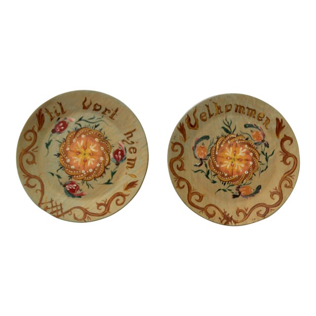 1950s Norwegian Hand Painted Wood Plates Pair For Sale