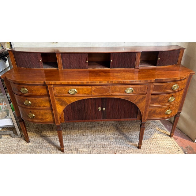Brown English Georgian Revival Mahogany & Satinwood Inlaid Tambour Sideboard, Late 19C For Sale - Image 8 of 12