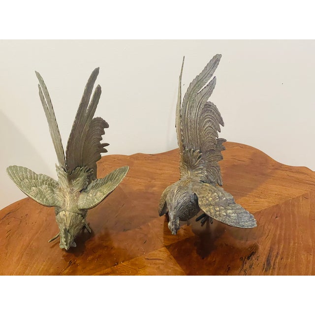 Gorgeous Antique Pair of Brass Fighting Roosters Sculptures For Sale - Image 10 of 10