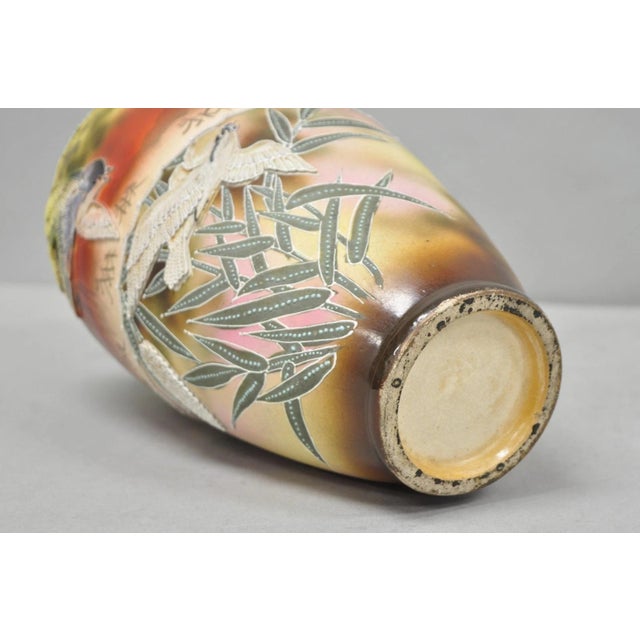Antique Japanese Heavy Moriage Hand Painted Porcelain Oriental Bird Satsuma Vase For Sale - Image 14 of 16