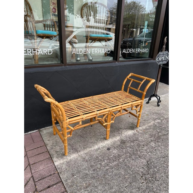 Bo Ho Chic Brighton Pavilion style bench crafted in bamboo with Chinese Chippendale design and reed wrapped joints.