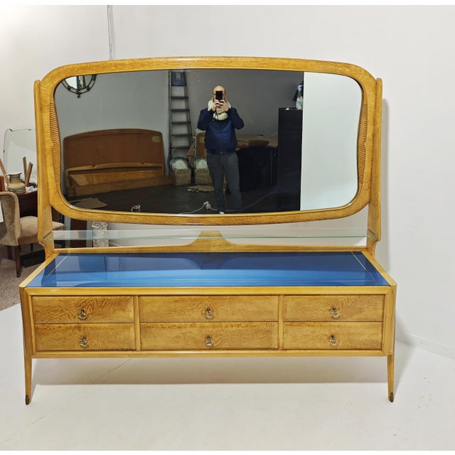 Italian Sideboard with Mirror in Maple Wood, Blue Glass and Brass, 1960s For Sale - Image 13 of 13