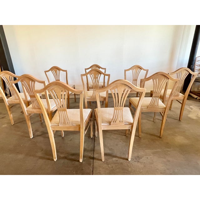 Vintage Sheraton Style Hand Carved Shield Back Dining Chairs Newly Upholstered - Set of 10 For Sale - Image 4 of 11