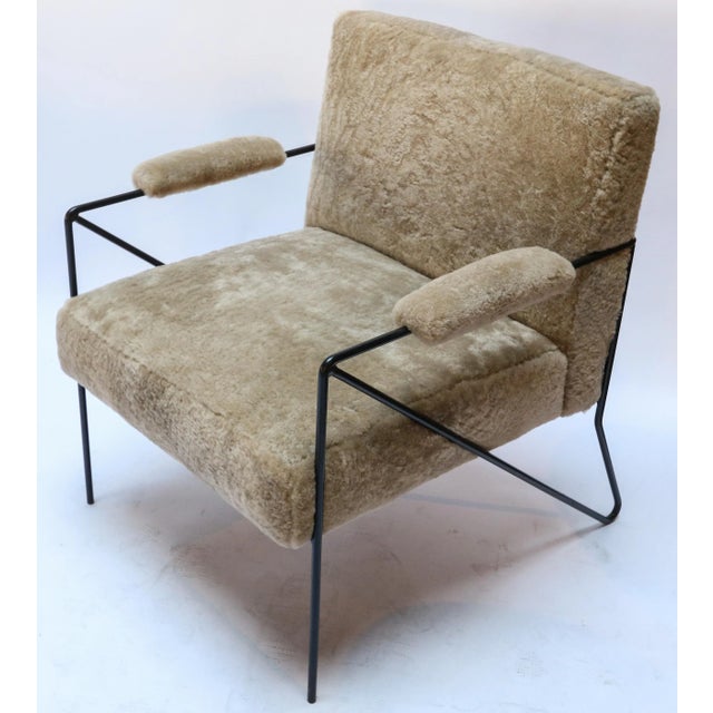 Metal Custom Black Metal Armchair in Tan Sheepskin For Sale - Image 7 of 8