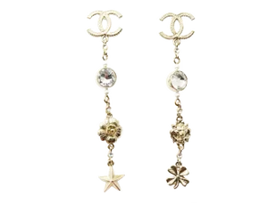 Chanel Gold CC Crystal Lion Flower Star Clover Long Piercing Earrings - 2 Pieces