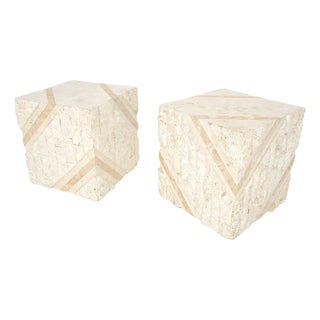 Pair of Cube Shape Tessellated Polished Marble End Tables Night Stands MINT! For Sale