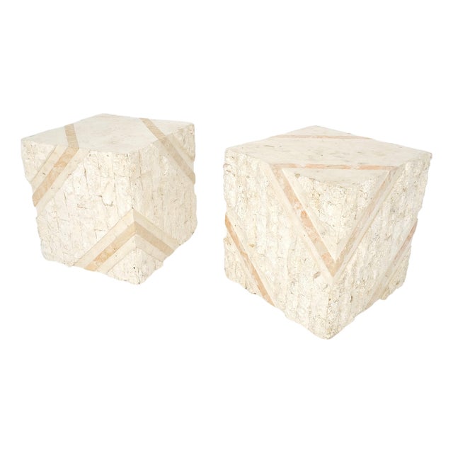 Pair of Cube Shape Tessellated Polished Marble End Tables Night Stands MINT! For Sale