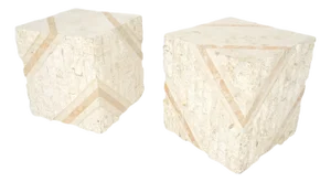 Pair of Cube Shape Tessellated Polished Marble End Tables Night Stands MINT!