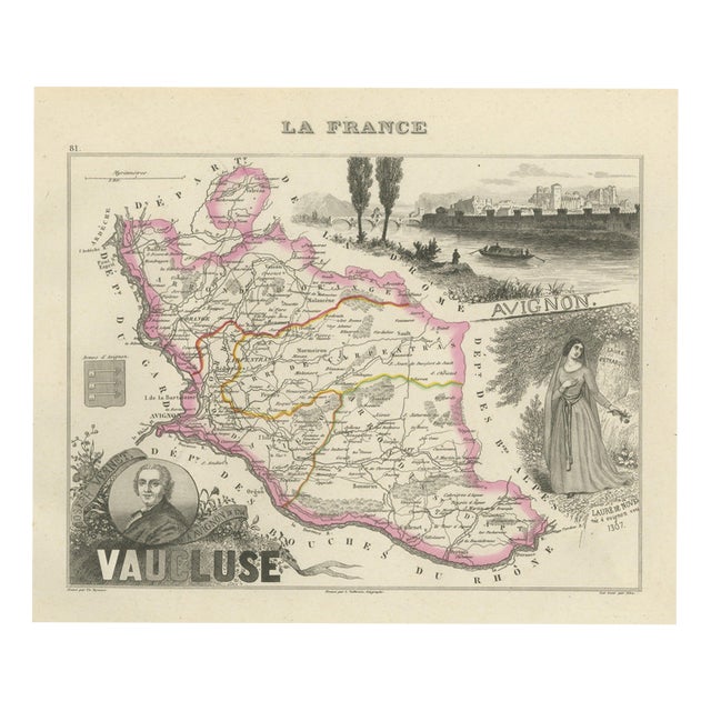 Antique Map of the Vaucluse, Avignon and Petrarchs Laura, 1860 For Sale