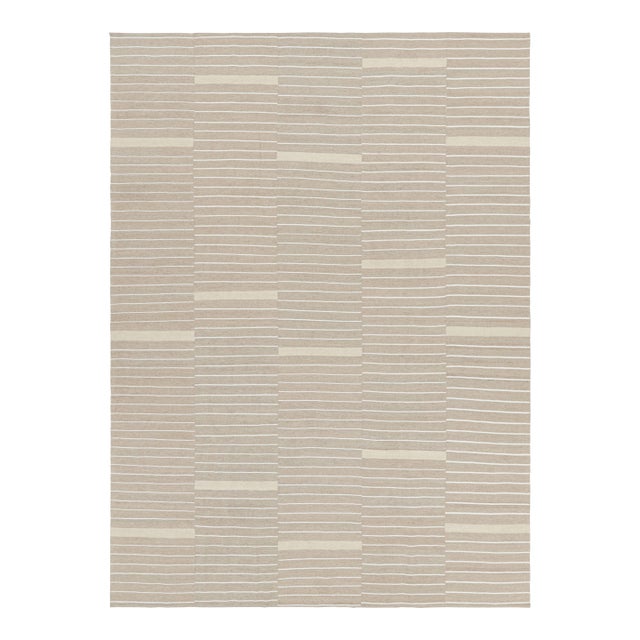 Rug & Kilim’s Contemporary Kilim, Beige and Taupe With Textural White Stripes For Sale