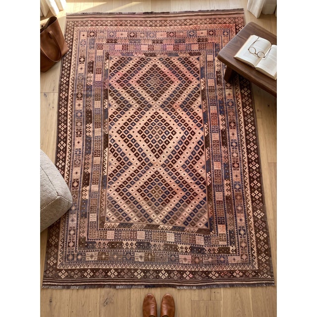 Traditional Handwoven Maimana Ghalmori Kilim Rug in Brown, Blue and Rose, 9.6 X 13.6 Ft For Sale - Image 3 of 12