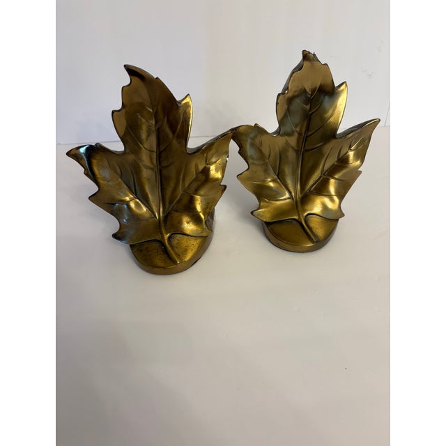 Mid-Century Modern Vintage Brass Maple Leaves Bookends - A Pair For Sale - Image 3 of 5