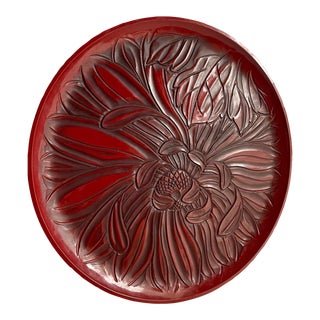Vintage 1960s Japanese Shirokiya Red Lacquer Round Tray Flower Floral Lacquered For Sale