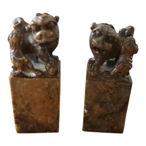 Pair of 1960s Chinese Buddhist Stone Carved Lion Figurines