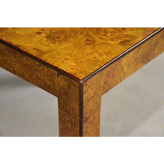 A mid century modern square burl dining table in the style of Milo Baughman. Made in Italy. Excellent original condition....