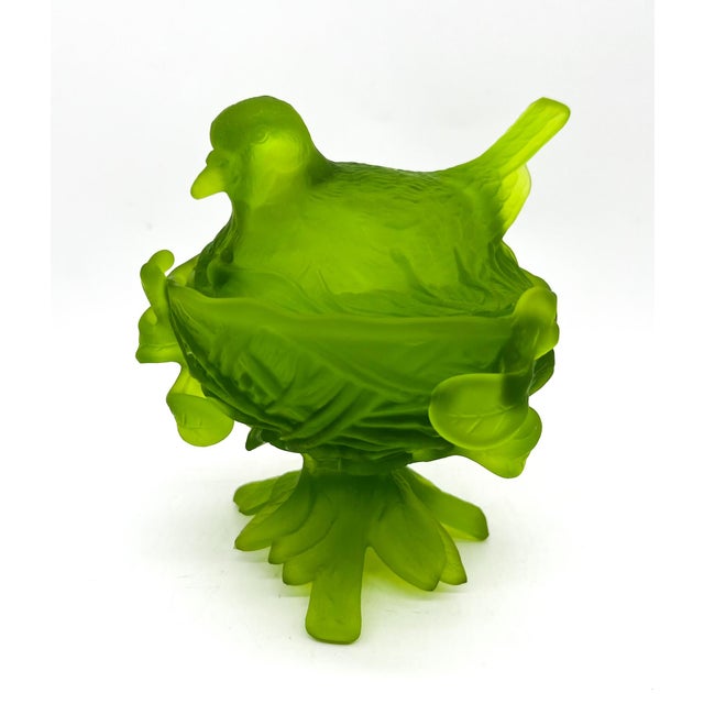 Lime Mid-Century Westmoreland Lime Green Satin Glass Bird on Nest Candy Dish – Frosted Songbird Covered Bowl - - Cottagecore, Grandmillennial For Sale - Image 8 of 15