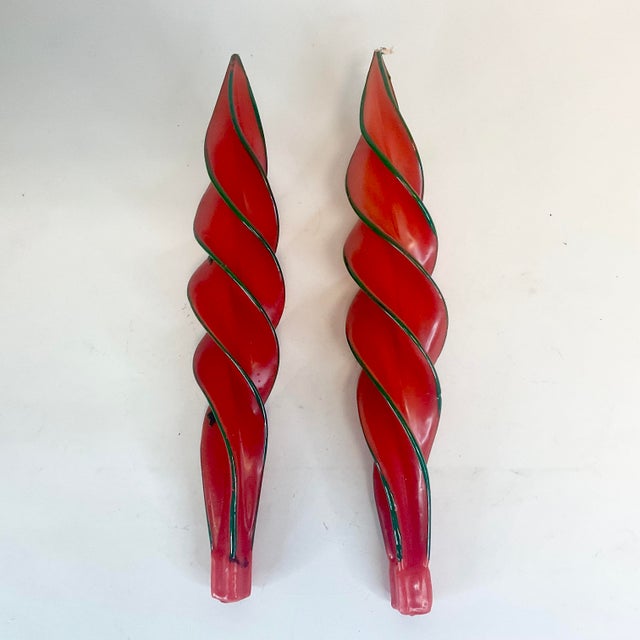 Red Mid-Century Boho Chic Christmas Red Spiral Holly Candles - A Pair. For Sale - Image 8 of 8