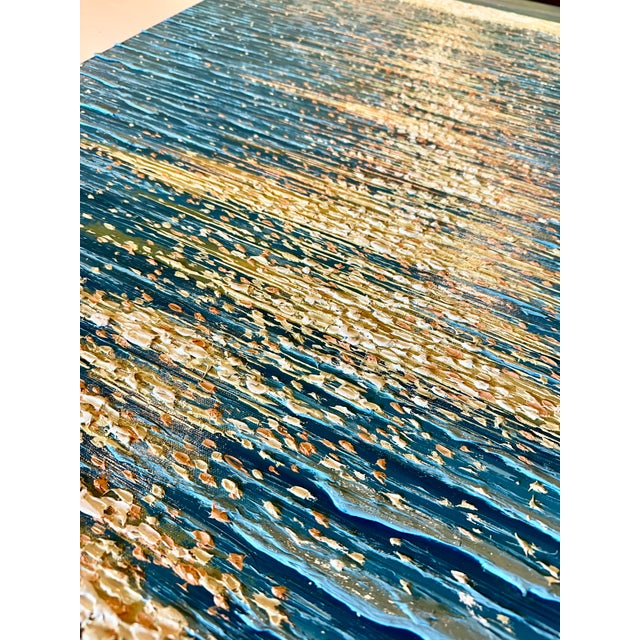 Robin's Egg Blue Golden Hour Ocean Reflection | Original Contemporary Textured Oil Painting — By Samuel H. (24" X 36") | Custom Framed For Sale - Image 8 of 8