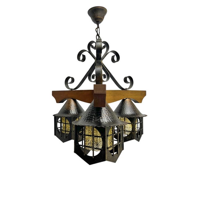 Mid-Century Modern Wrougt Iron and Wood Pendant Lamp, 1970s For Sale - Image 12 of 12