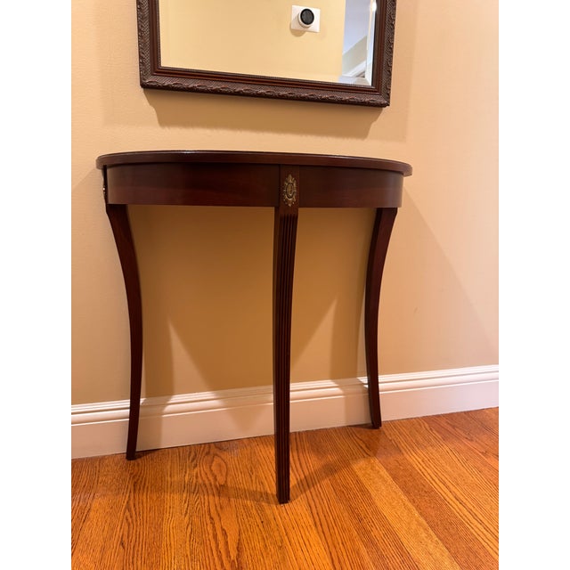 1990s Vintage Ethan Allen Federal Style Demilune Console Table With Cherrywood Finish and Brass Accents For Sale - Image 5 of 6