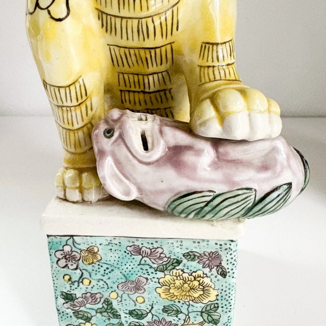 Antique Famille Rose Style Ceramic Foo Dog Figurines For Sale - Image 4 of 10