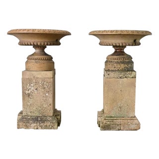 English Pair of 19th Century Cast Stone Garden Urns For Sale