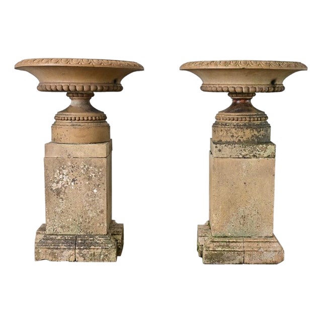 English Pair of 19th Century Cast Stone Garden Urns For Sale