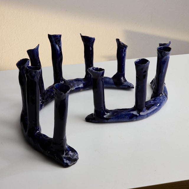 Indigo Blue Ceramic Candleholder Set, Set of 2 For Sale - Image 15 of 15
