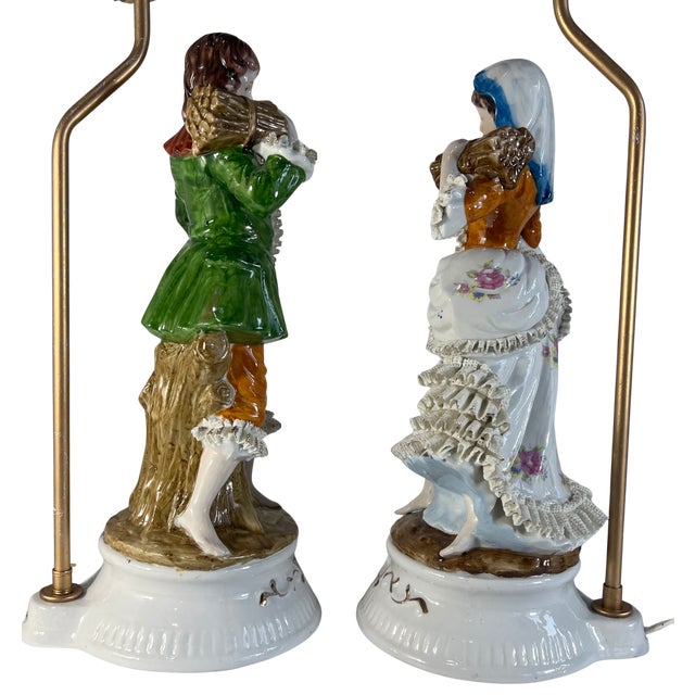 Vintage Porcelain Figural Lamp Young Man & Woman- A Pair For Sale - Image 16 of 16