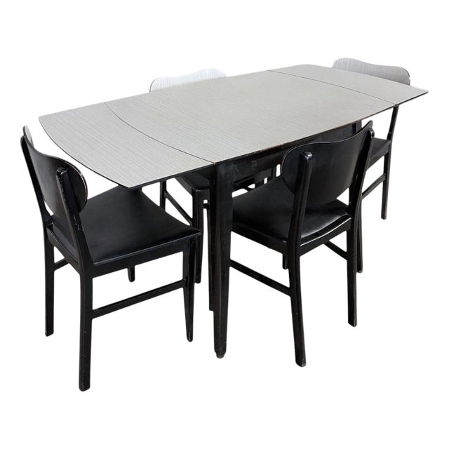 Mid-Century White Formica Extendable Drop-Leaf Dining Table, Set of 5 For Sale