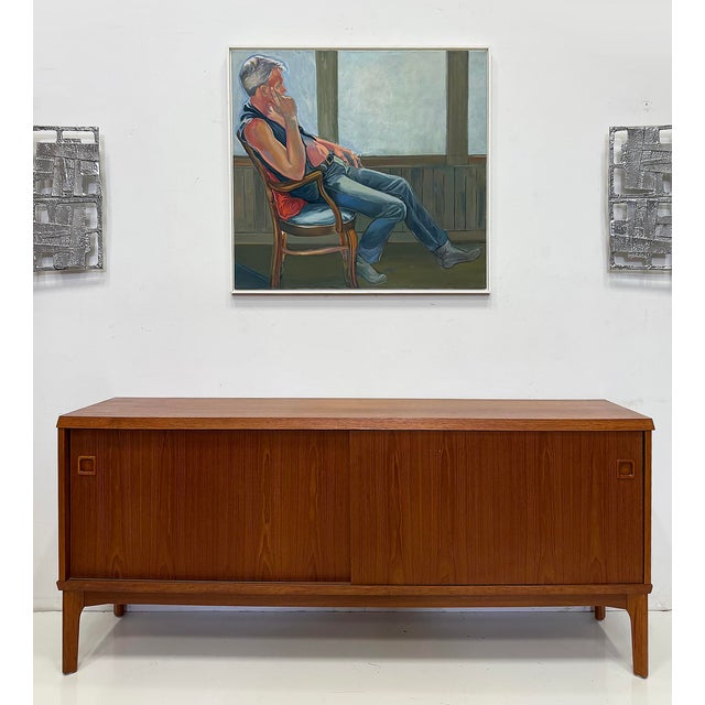 Vintage Danish Modern Teak Credenza Cabinet, Sliding Doors with Inset Pulls Offered for sale is a vintage Danish Modern...
