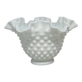 Ruffled Rim Hobnail White Milk Glass Bowl Vase — Vintage 6.5" Wide For Sale