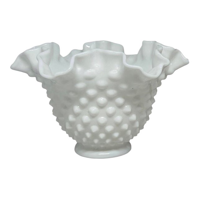 Ruffled Rim Hobnail White Milk Glass Bowl Vase — Vintage 6.5" Wide For Sale