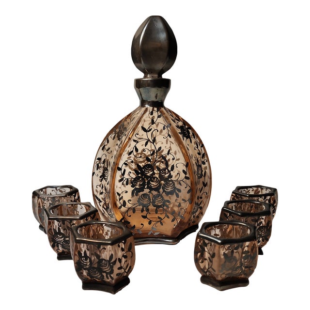 Vintage Bohemian Pink Glass Crystal Silver Plate Decanter Shot Glass Aperitif Set- 7 Pieces For Sale