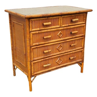 1900-1909 Aesthetic Movement Tortoise Bamboo & Grassmat 5 Drawer Tallboy Dresser For Sale